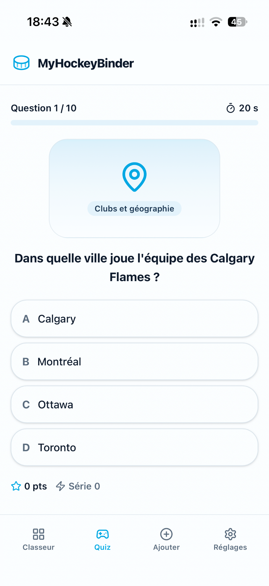 Écran de MyHockeyBinder, données de démonstration